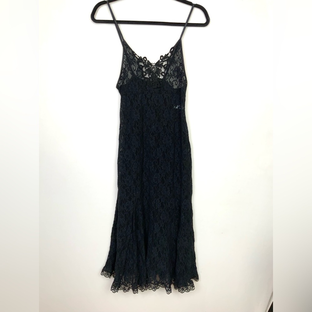 VTG Hanky Panky Sz Large Black Floral Lace Nightgown Sheer Slip Dress Lingerie